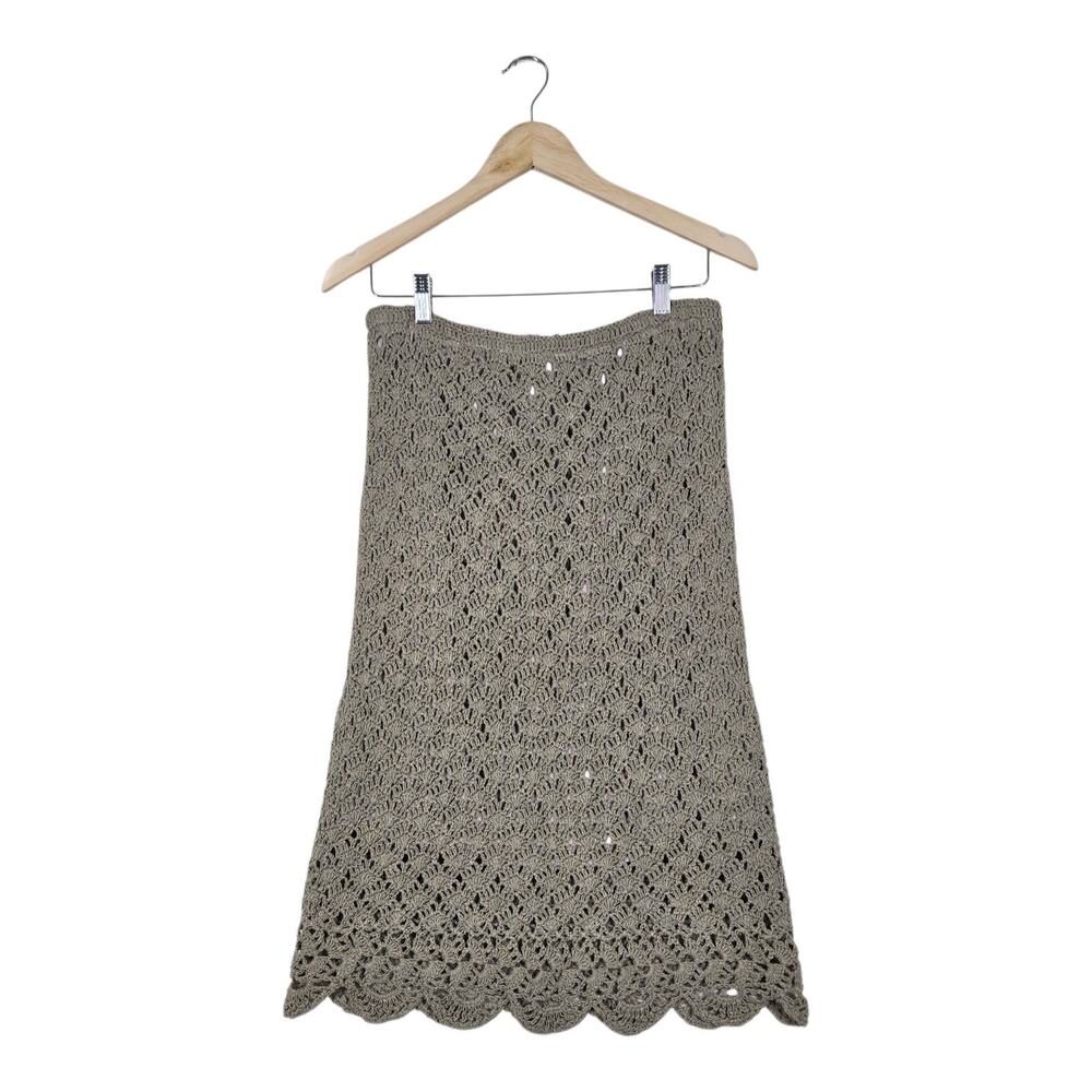 J Jill Hand Crochet Midi Skirt S Neutral Linen Blend Cottagecore Romantic Boho